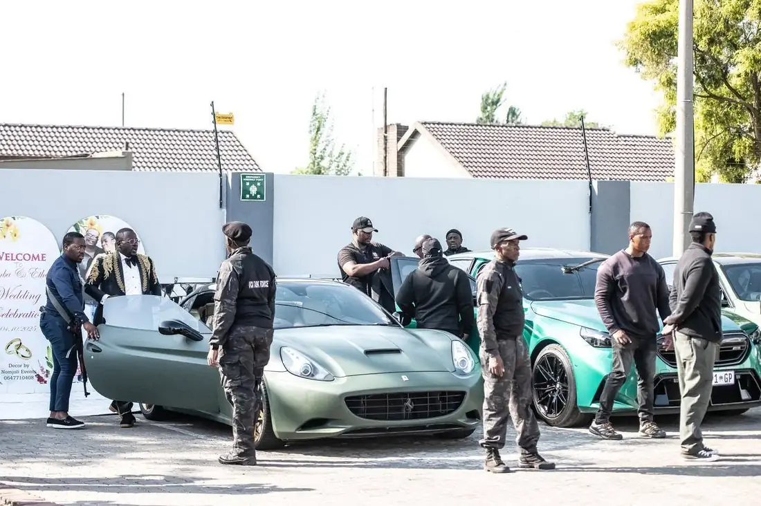 Nsika Protection Services escort team positioned around vehicles at a private event