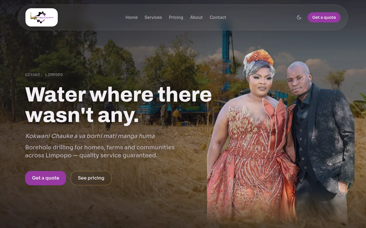 Screenshot of the Kokwani Chauke Water Drilling website