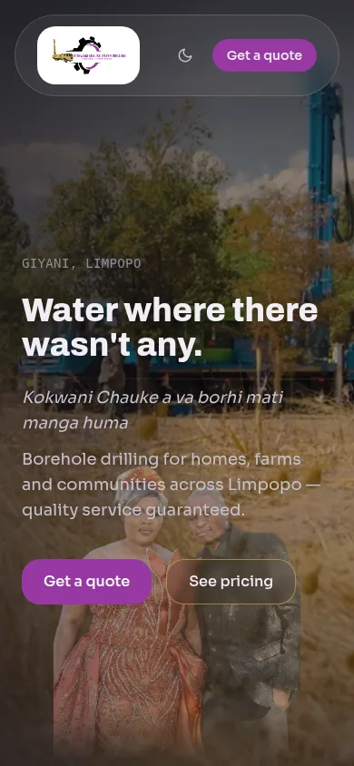 Screenshot of the Kokwani Chauke Water Drilling website