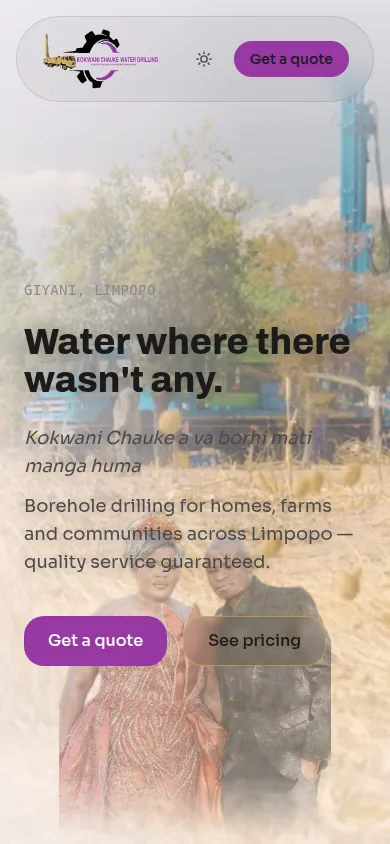 Screenshot of the Kokwani Chauke Water Drilling website