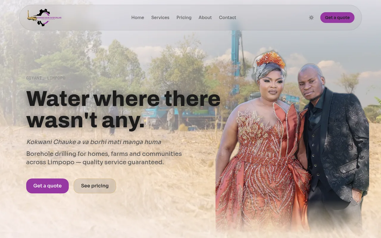 Screenshot of the Kokwani Chauke Water Drilling website