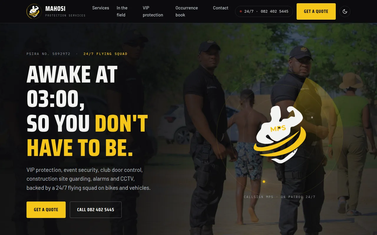 Screenshot of the Mahosi Protection Services website