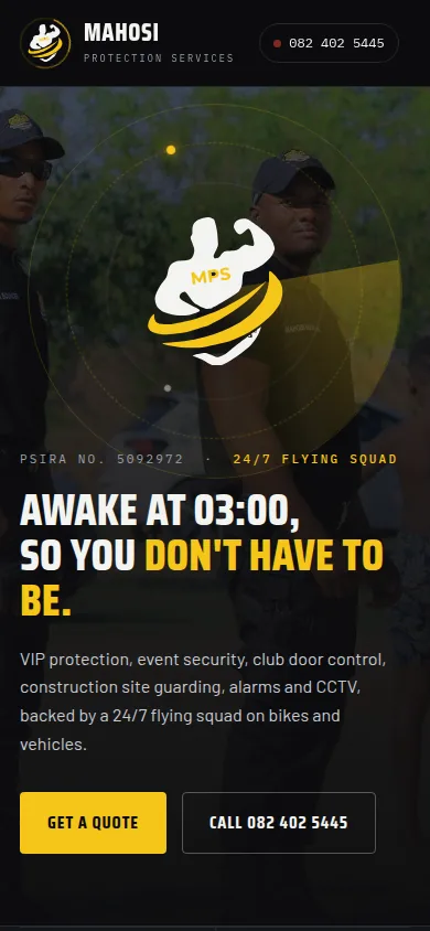 Screenshot of the Mahosi Protection Services website