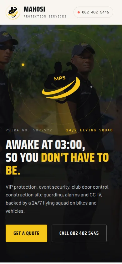 Screenshot of the Mahosi Protection Services website