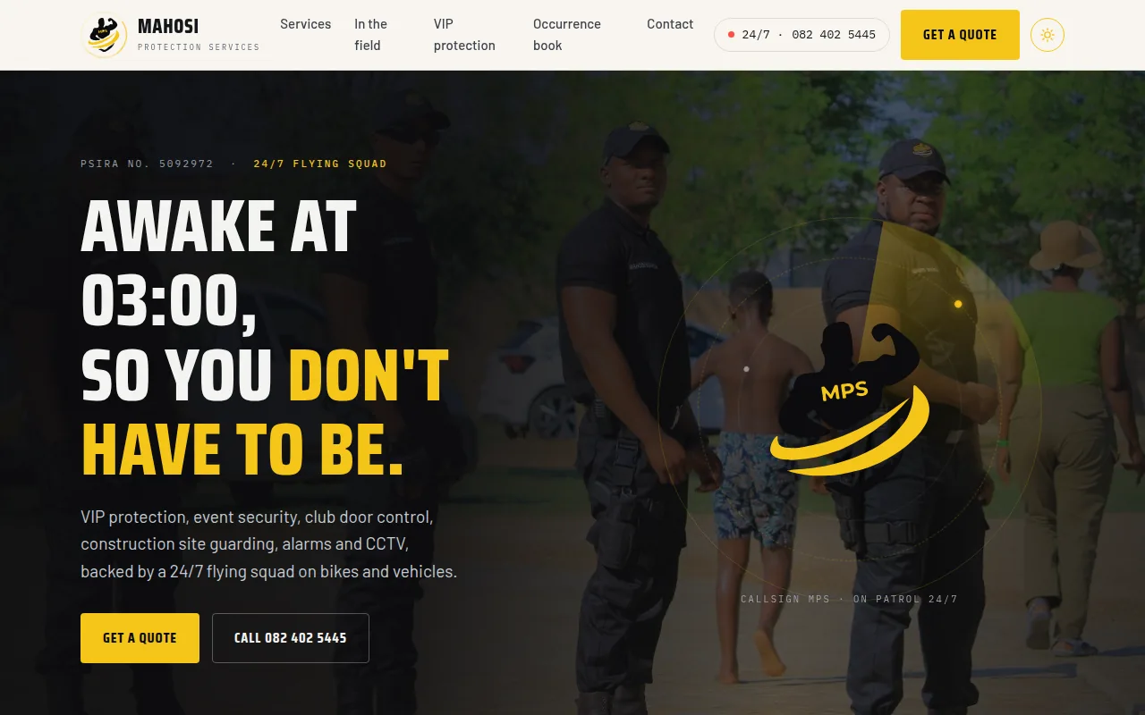 Screenshot of the Mahosi Protection Services website