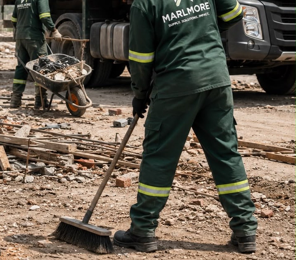 Marlmore crew clearing rubble and sweeping a construction site