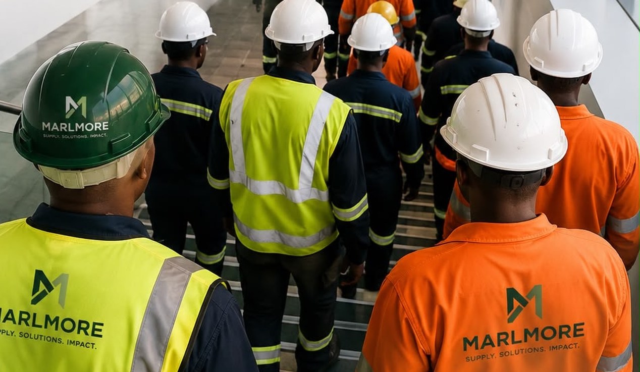 Crew in hi-vis and hard hats moving through a site